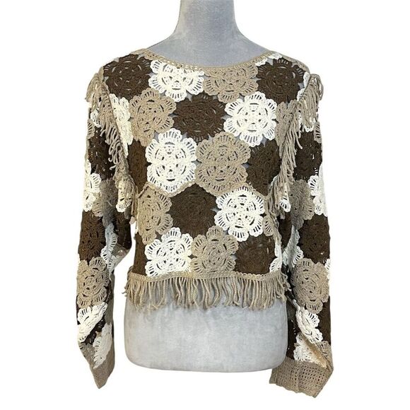 Pink Lily Sweaters - Pink Lily Women's Bohemian Opek Knit Crochet Fringe Sweater Brown S/M Floral
